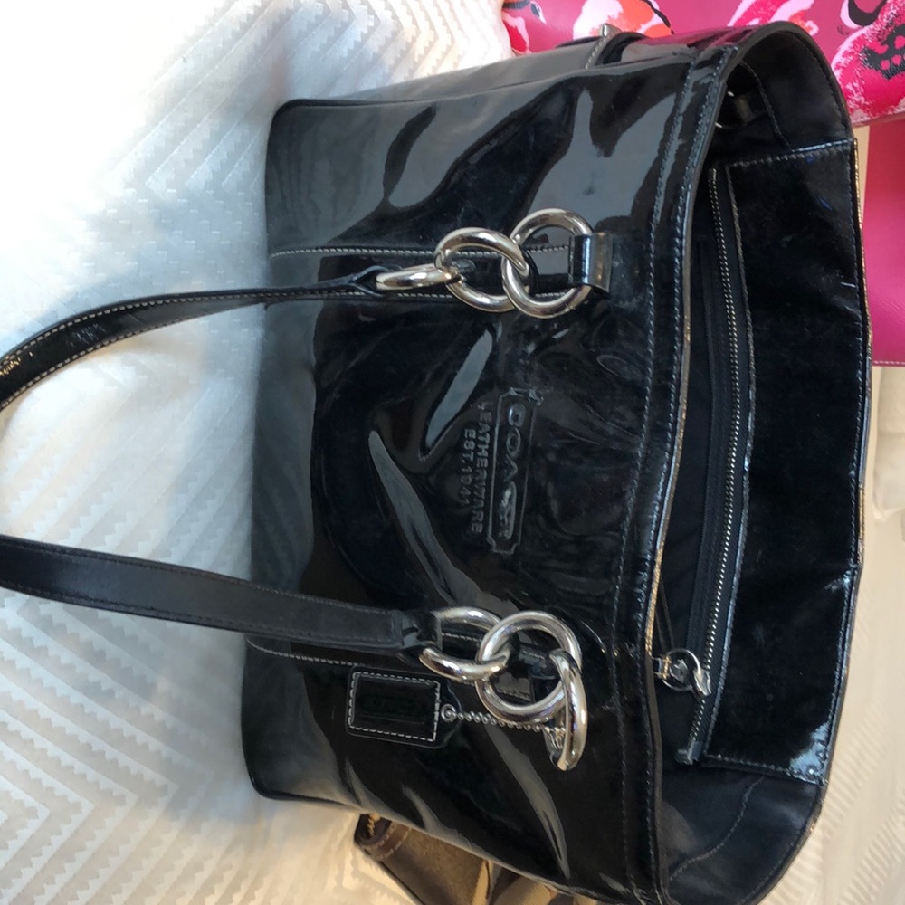 Coach black patten leather tote used condition